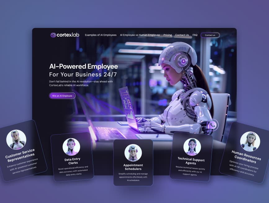 Custom AI employee dashboard web design for CortexLab business automation platform